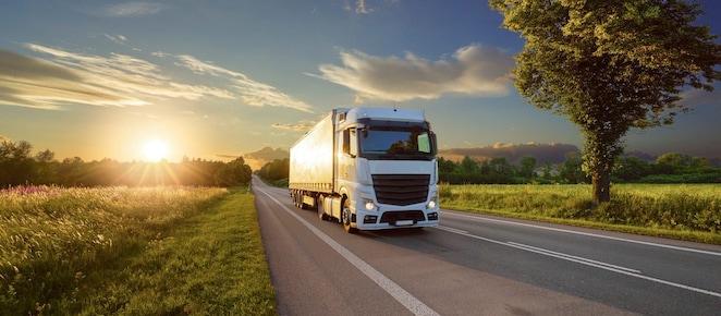 Camion alb care circulă pe șosea în peisaj la apus