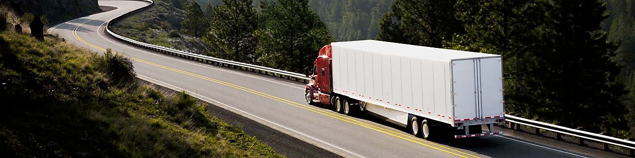 Camion care rulează pe un drum șerpuitor dintr-o zonă de munte, cu păduri de conifere.