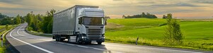 Camion în mișcare pe o șosea șerpuitoare dintr-o zonă verde. În partea dreaptă este imaginea unui Card de carburant Shell.