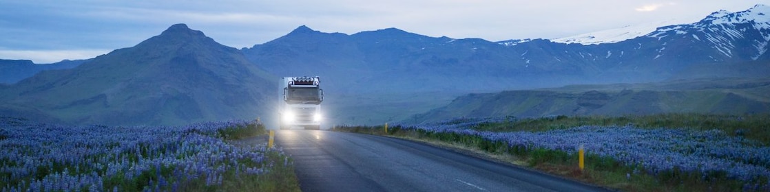 Camion cu farurile aprinse care se apropie pe o șosea de altitudine din golul alpin la orele dimineții. De o parte și de cealaltă a șoselei cresc flori alpine, iar în plan îndepărtat sunt creste montane înzăpezite.